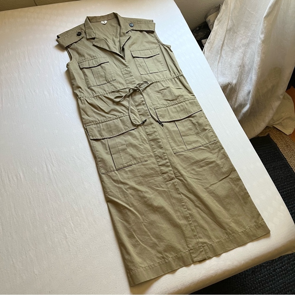 ARKET tan utility cargo‎ sleeveless button up midi shirt dress